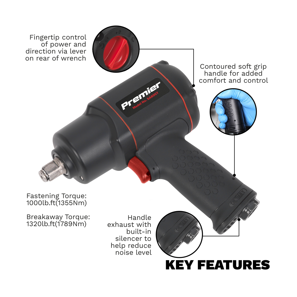 Premier SA6007 Premier Twin Hammer Composite Air Impact Wrench 1/2"Sq Drive