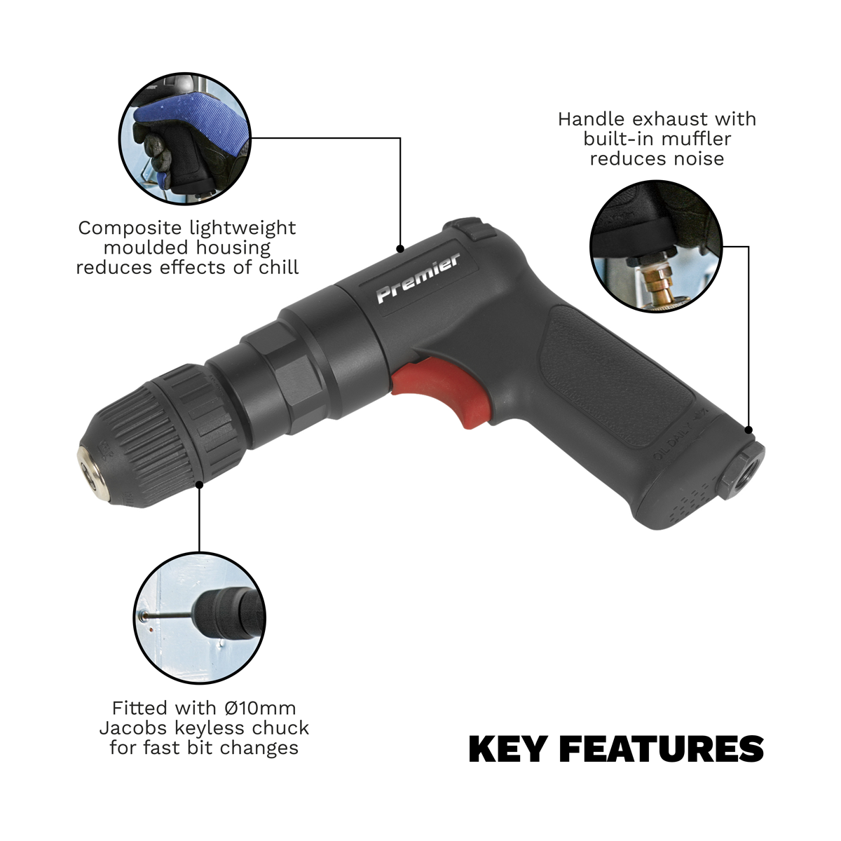 Premier SA620 Premier Composite Reversible Air Pistol Drill 10mm with Keyless Chuck