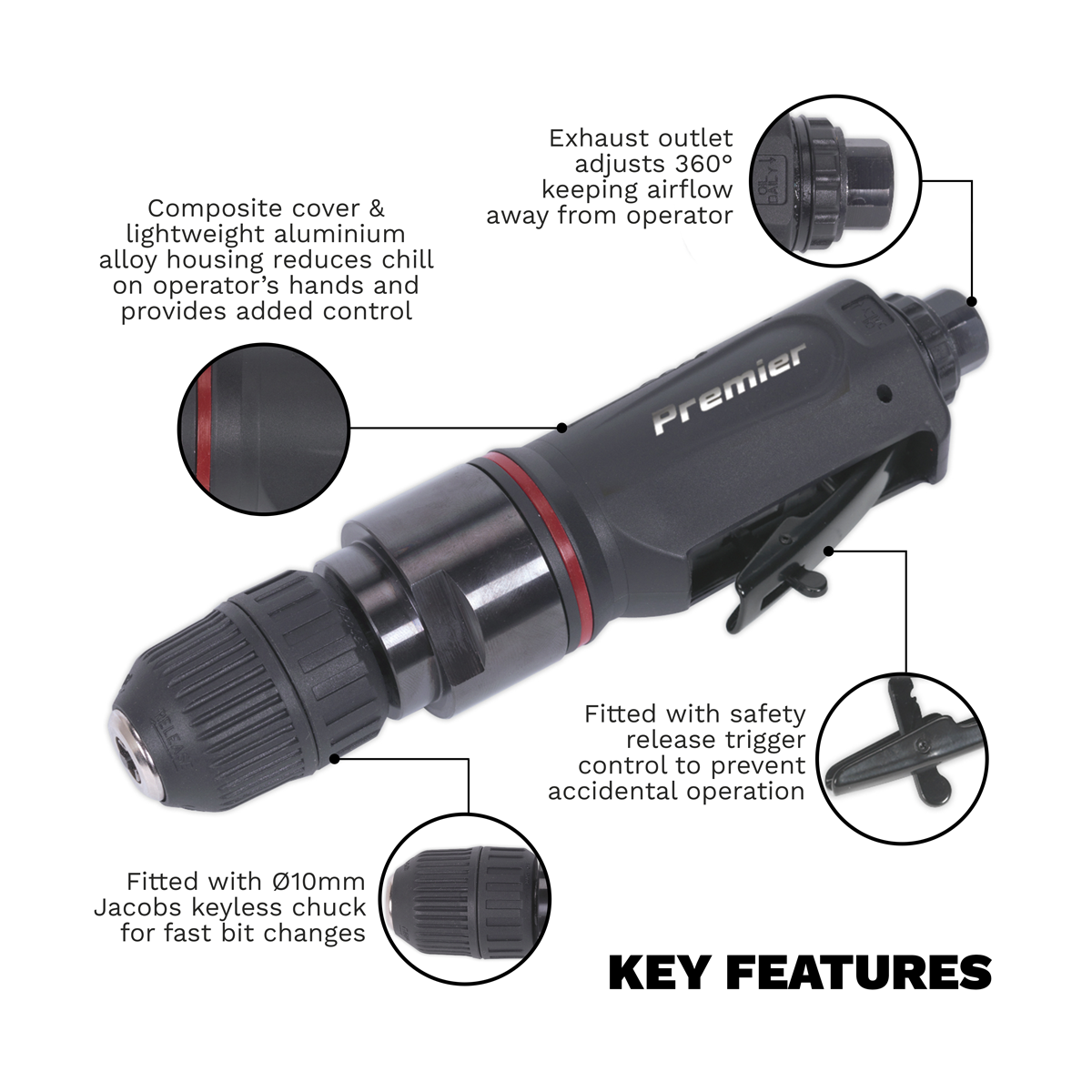 Premier SA622 Premier Straight Air Drill 10mm with Keyless Chuck