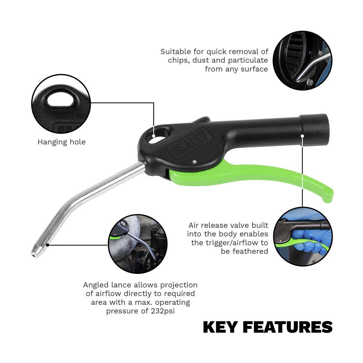 Premier SA9230 Premier Air Blow Gun with Angled Lance 1/4"BSP Air Inlet 100 x 8mm
