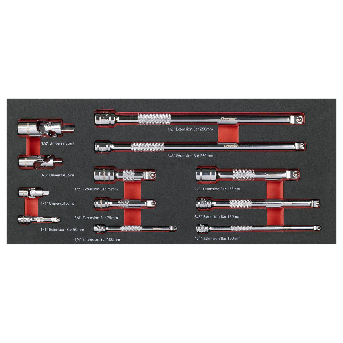 Premier TBT44 Premier Wobble Extension Bar Set with Tool Tray 1/4", 3/8" & 1/2"Sq Drive 12pc