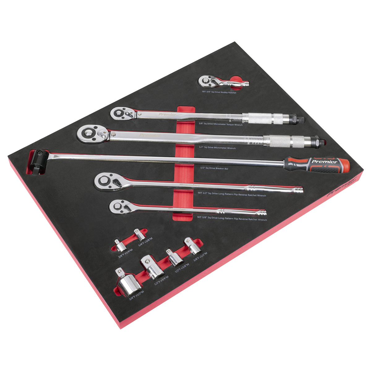 Premier TBT45 Premier Ratchet, Torque Wrench, Breaker Bar & Socket Adaptor Set with Tool Tray 3/8"Sq & 1/2"Sq Drive 12pc