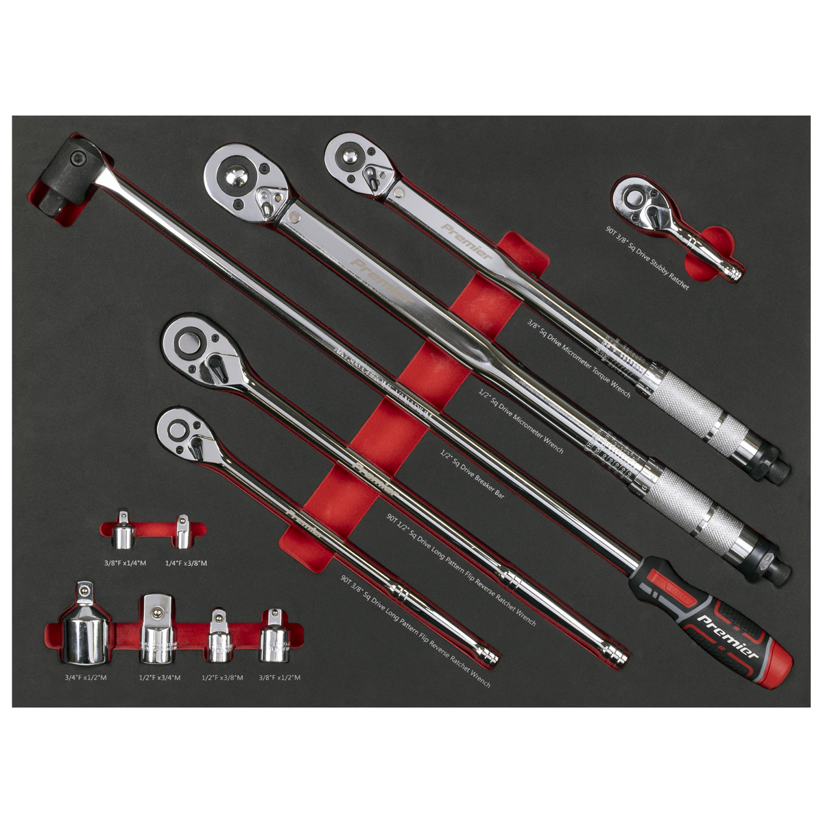 Premier TBT45 Premier Ratchet, Torque Wrench, Breaker Bar & Socket Adaptor Set with Tool Tray 3/8"Sq & 1/2"Sq Drive 12pc