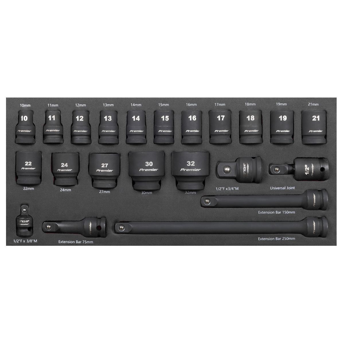 Premier TBT46 Premier Impact Socket Set with Tool Tray 1/2"Sq Drive 22pc