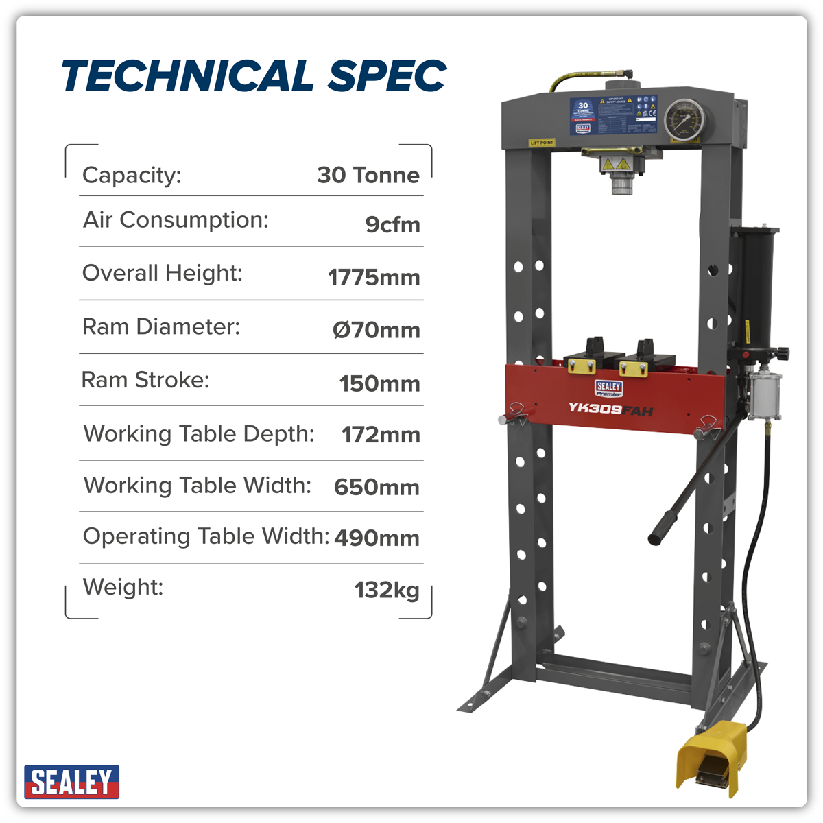 Premier YK309FAH Premier Heavy-Duty Air/Hydraulic Floor Type Press with Foot Pedal 30 Tonne