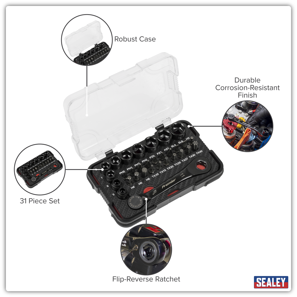 Premier Black AK2112 Premier Black Go-Through Lock-On™ Low Profile Socket & Bit Set 1/4"Sq Drive 31pc