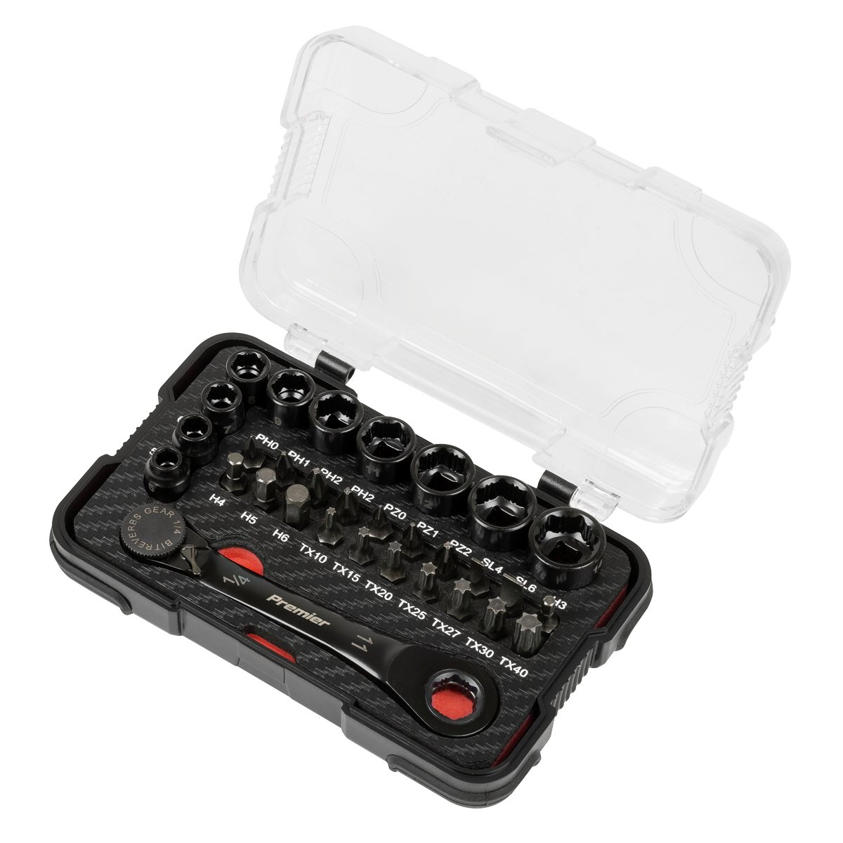 Premier Black AK2112 Premier Black Go-Through Lock-On™ Low Profile Socket & Bit Set 1/4"Sq Drive 31pc