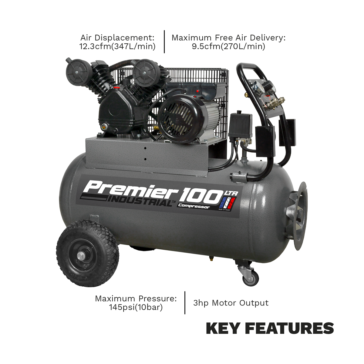 Premier Industrial SAC3103B Premier 100L Belt Drive Air Compressor with Front Control Panel 3hp
