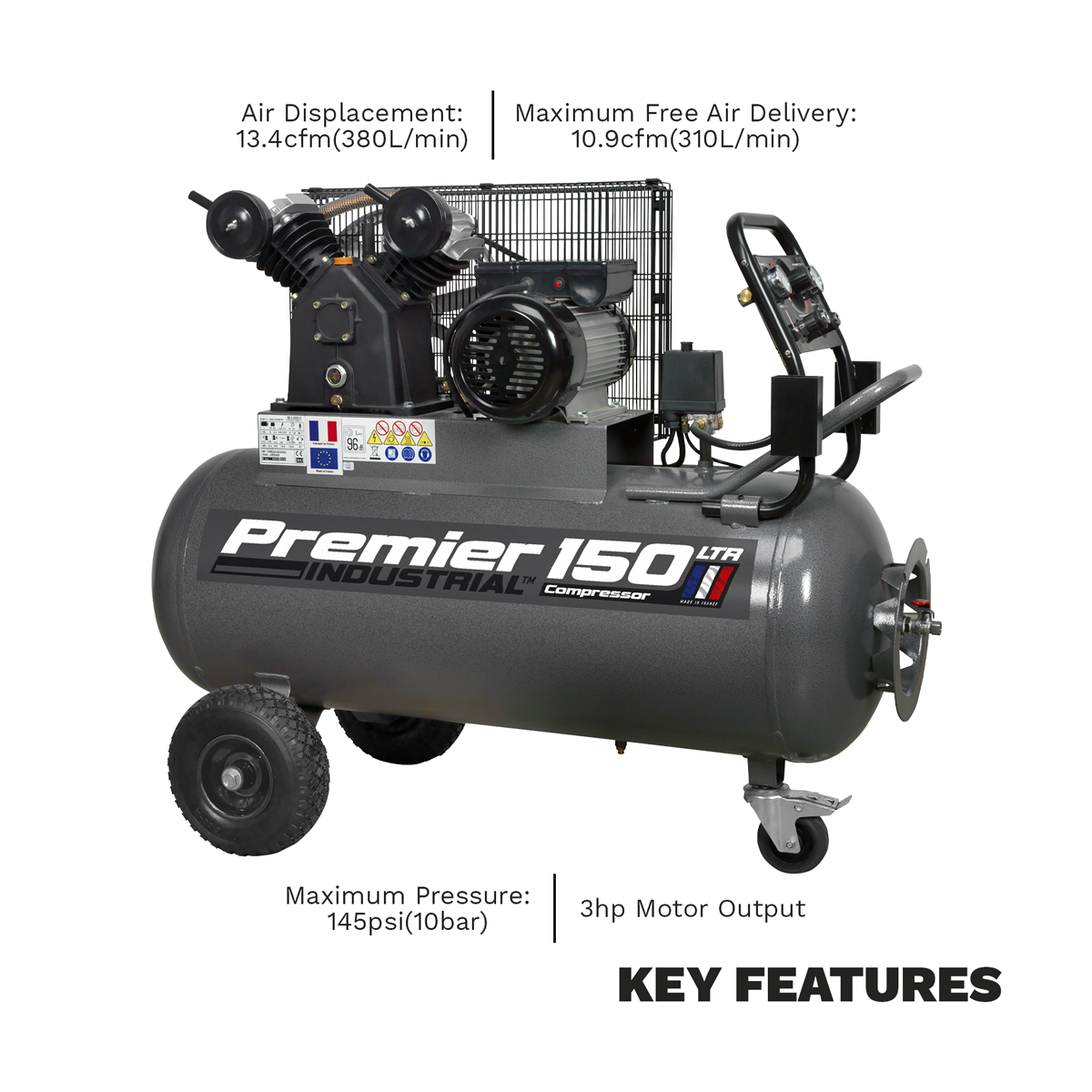 Premier Industrial SAC3153B Premier 150L Belt Drive Air Compressor with Front Control Panel 3hp