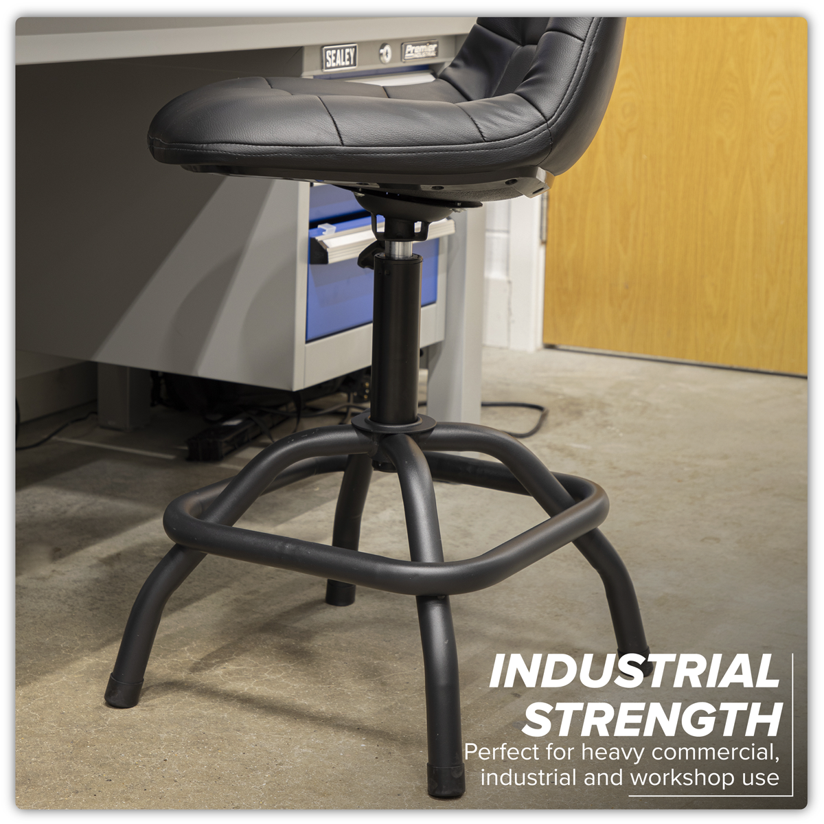 Premier Industrial SCR01B Premier Industrial Pneumatic Workshop Stool with Adjustable Height Swivel Seat & Back Rest
