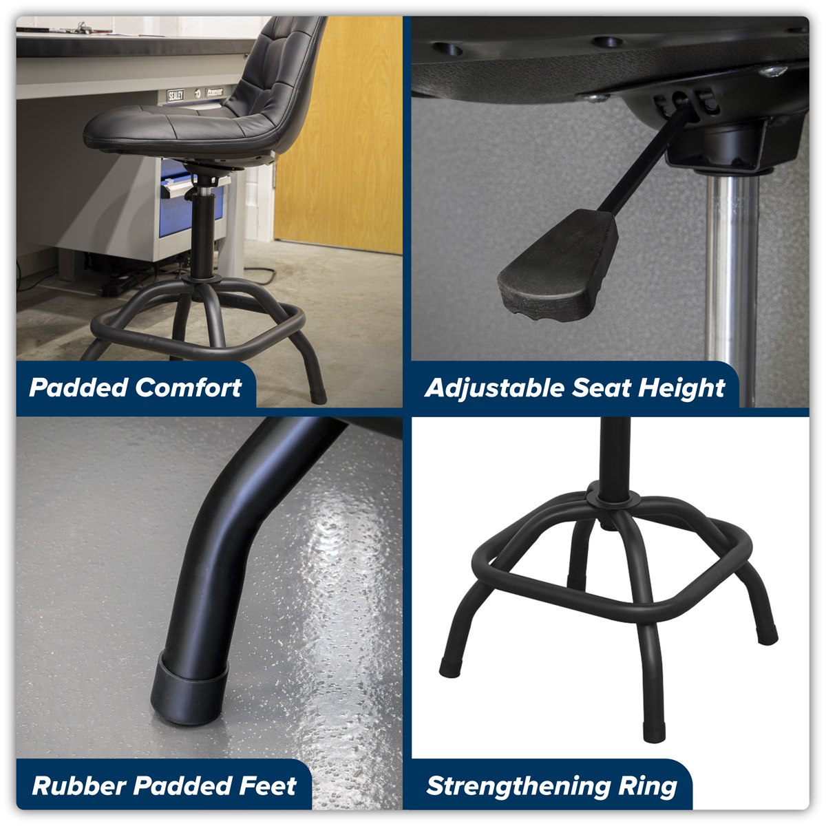 Premier Industrial SCR01B Premier Industrial Pneumatic Workshop Stool with Adjustable Height Swivel Seat & Back Rest