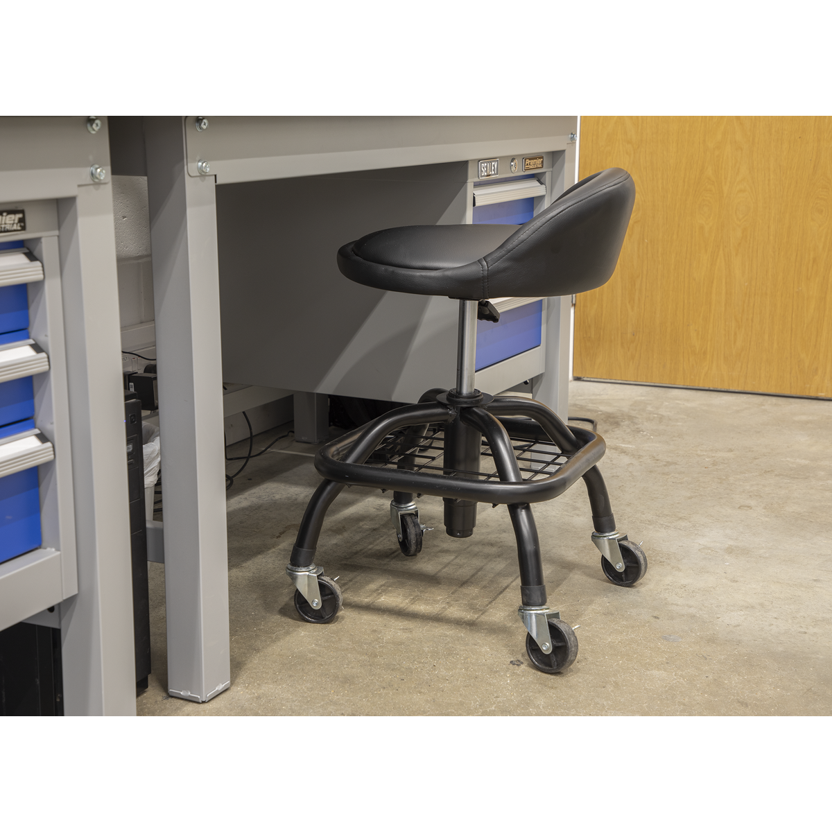 Premier Industrial SCR02B Premier Industrial Pneumatic Creeper Stool with Adjustable Height Swivel Seat & Back Rest