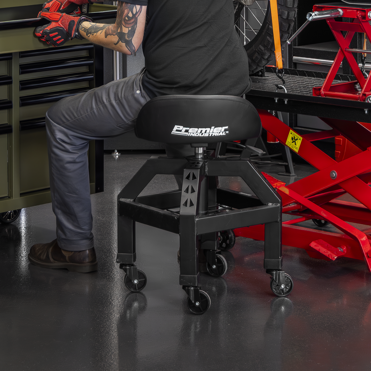 Premier Industrial SCR03B Premier Industrial Pneumatic Creeper Stool with Adjustable Height Swivel Seat & Back Rest