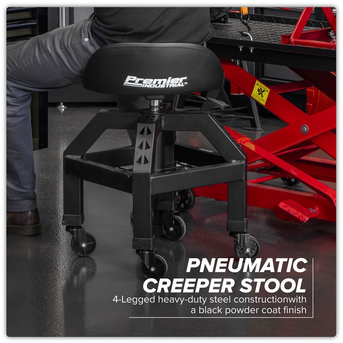 Premier Industrial SCR03B Premier Industrial Pneumatic Creeper Stool with Adjustable Height Swivel Seat & Back Rest
