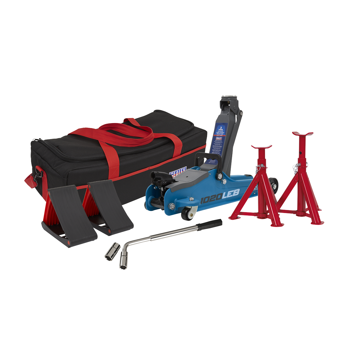 Sealey 1020LEBBAGCOMBO Low Profile Short Chassis Trolley Jack 2 Tonne & Accessories Bag Combo - Blue