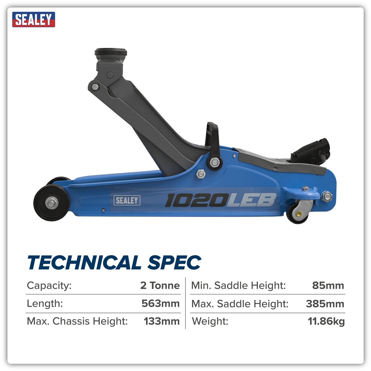 Sealey 1020LEB Low Profile Short Chassis Trolley Jack 2 Tonne - Blue