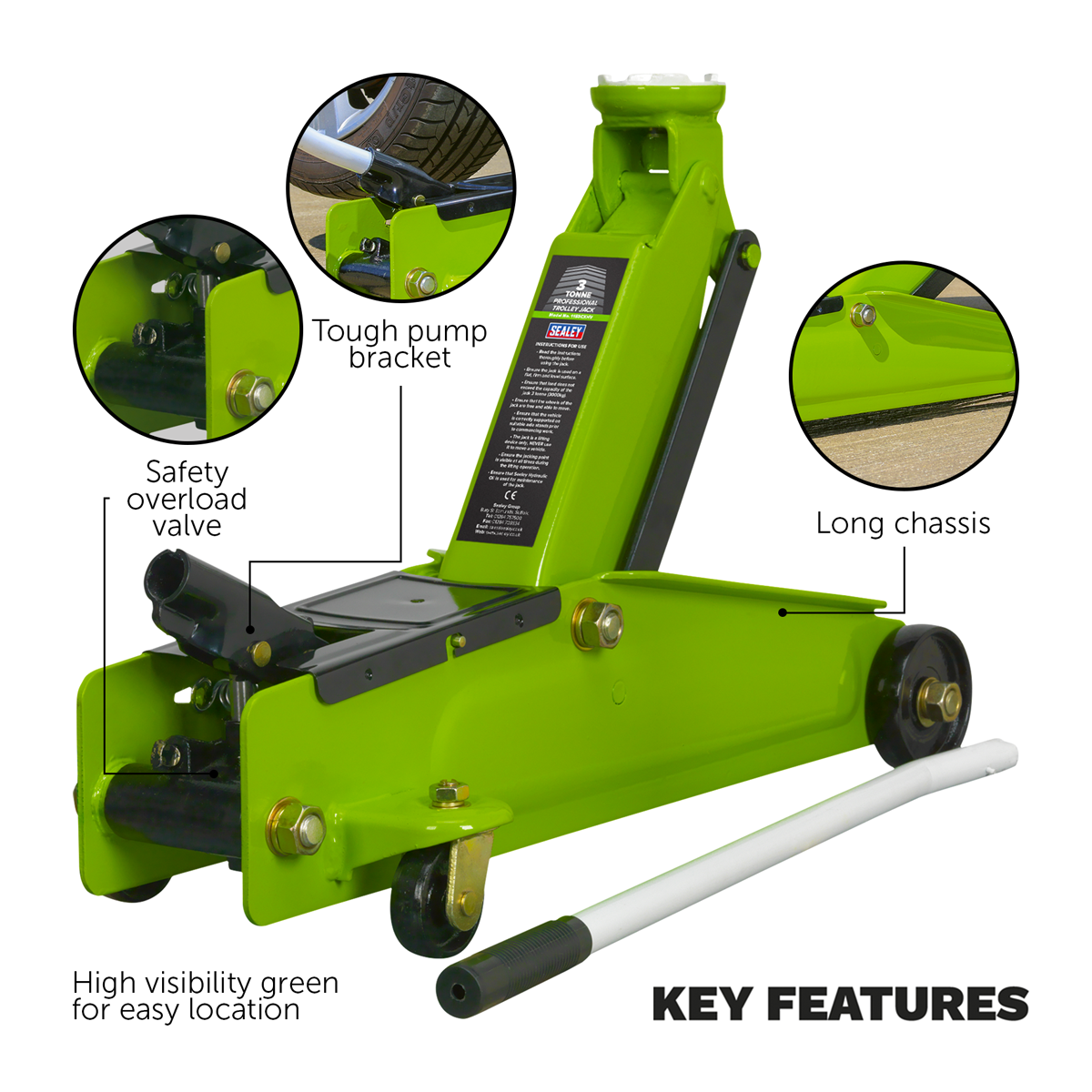 Sealey 1153CXHV Heavy-Duty Long Reach Trolley Jack 3 Tonne - Green