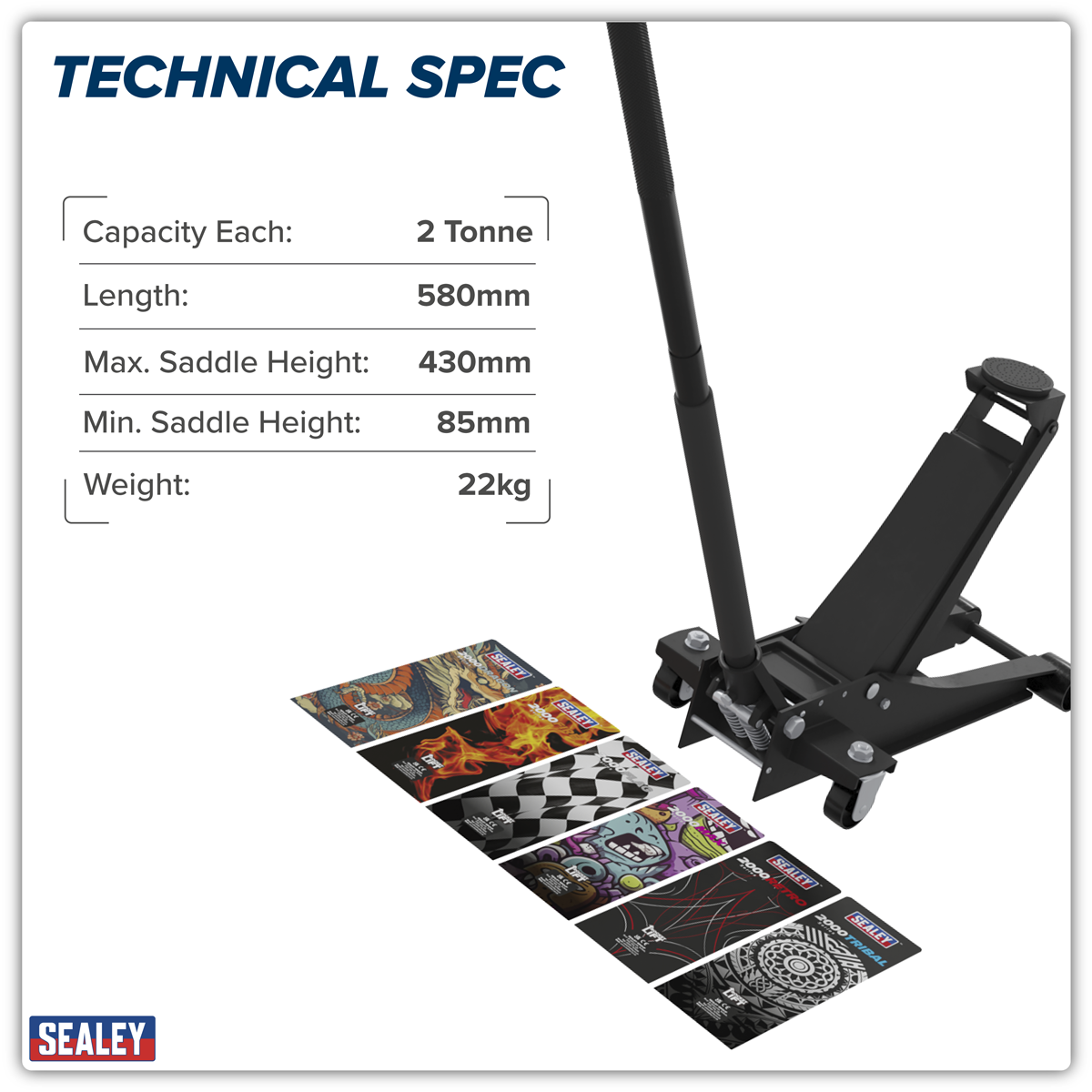 Sealey 2000CB Low Profile Custom Design Trolley Jack with Rocket Lift 2 Tonne - Black