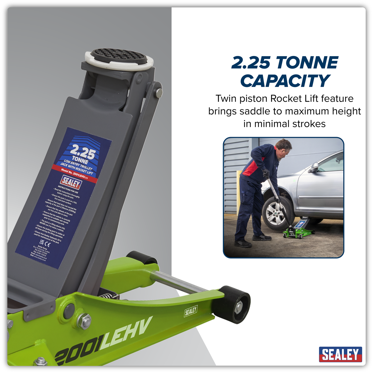 Sealey 2001LEHV Low Profile Rocket Lift Trolley Jack 2.25 Tonne - Green