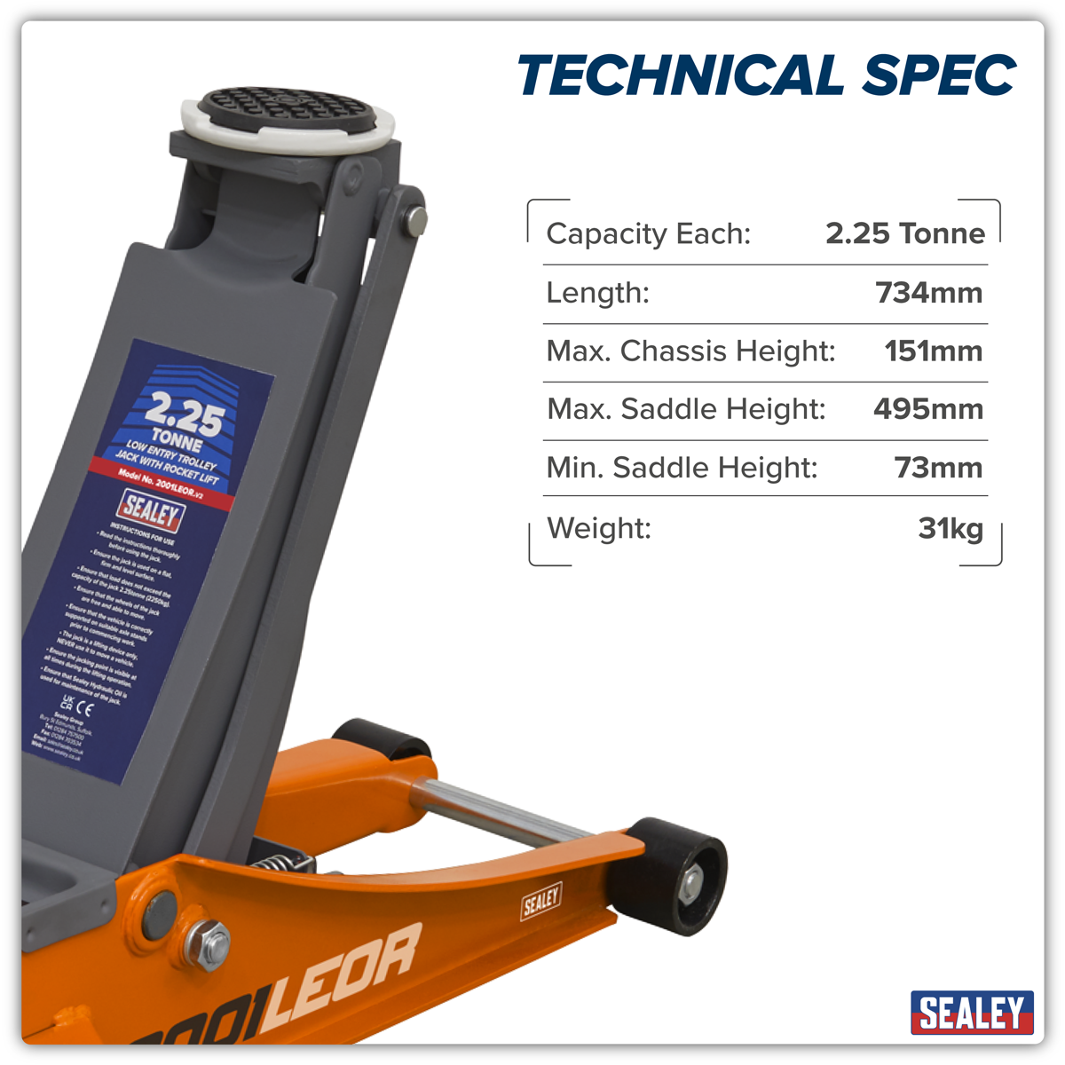 Sealey 2001LEOR Low Profile Trolley Jack with Rocket Lift 2.25 Tonne - Orange