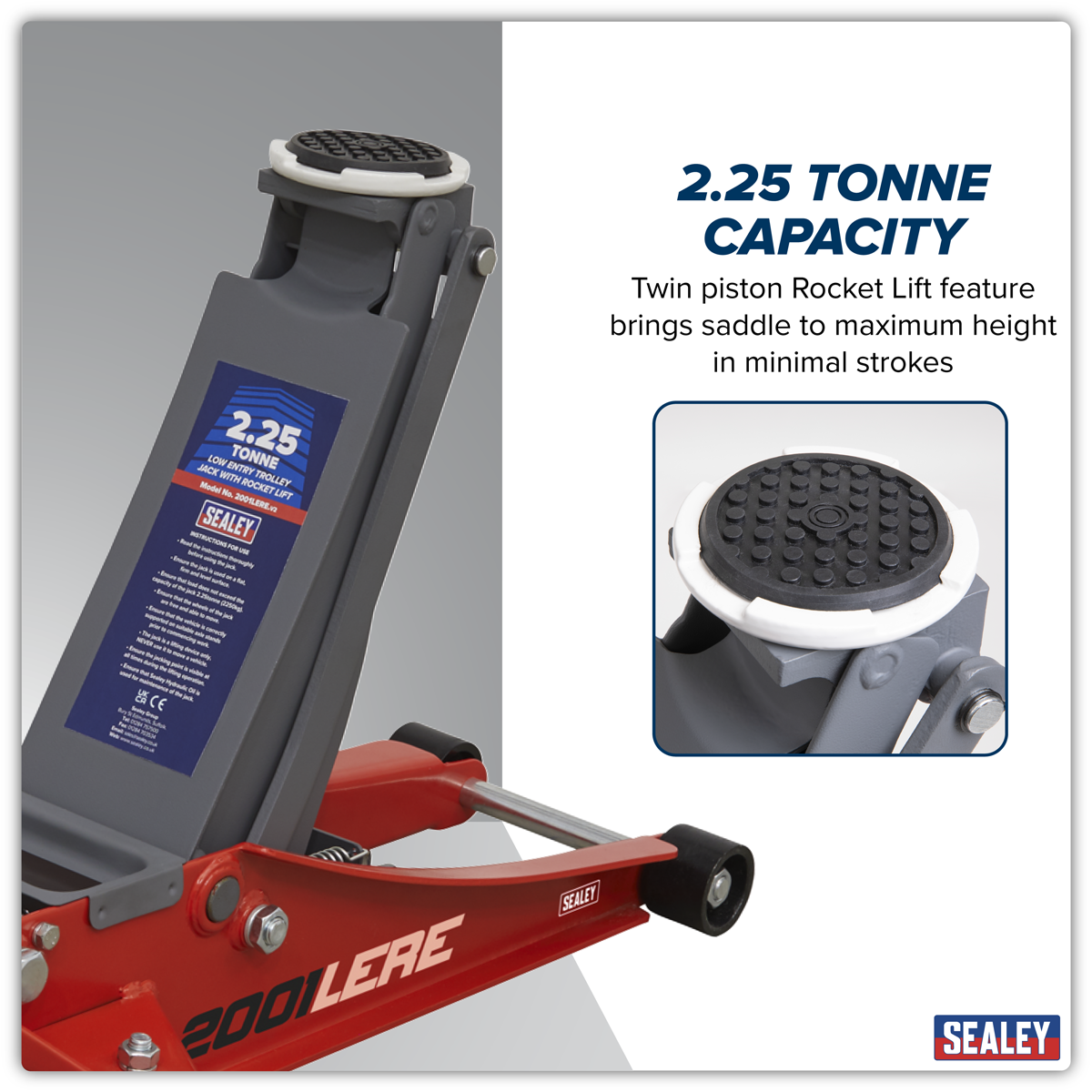 Sealey 2001LERE Low Profile Trolley Jack with Rocket Lift 2.25 Tonne - Red