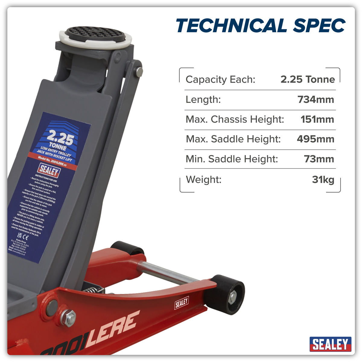 Sealey 2001LERE Low Profile Trolley Jack with Rocket Lift 2.25 Tonne - Red