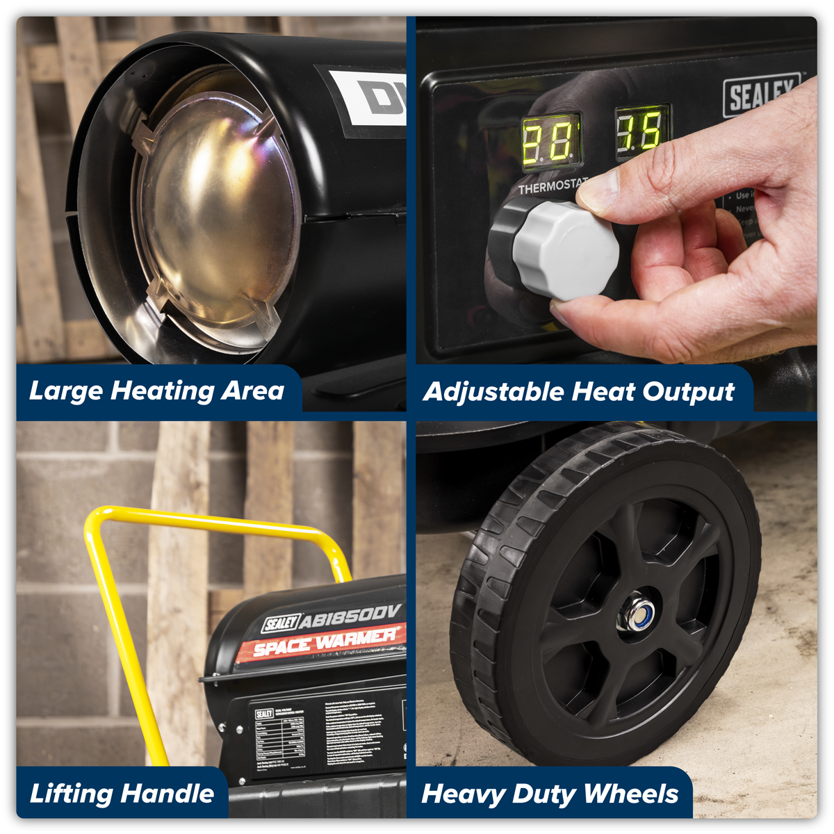 Sealey AB1850DV Dual Voltage Space Warmer® Kerosene/Diesel Heater with Wheels 185,000Btu/hr(55kW)