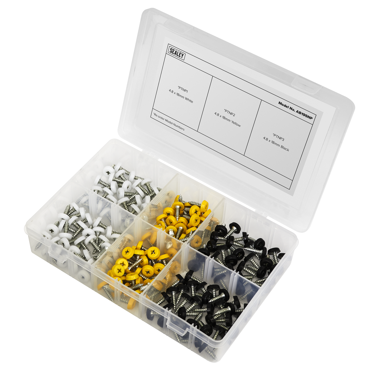Sealey AB195NP Numberplate Screw Assortment 4.8mm x 18mm 195pc - Plastic Enclosed Head