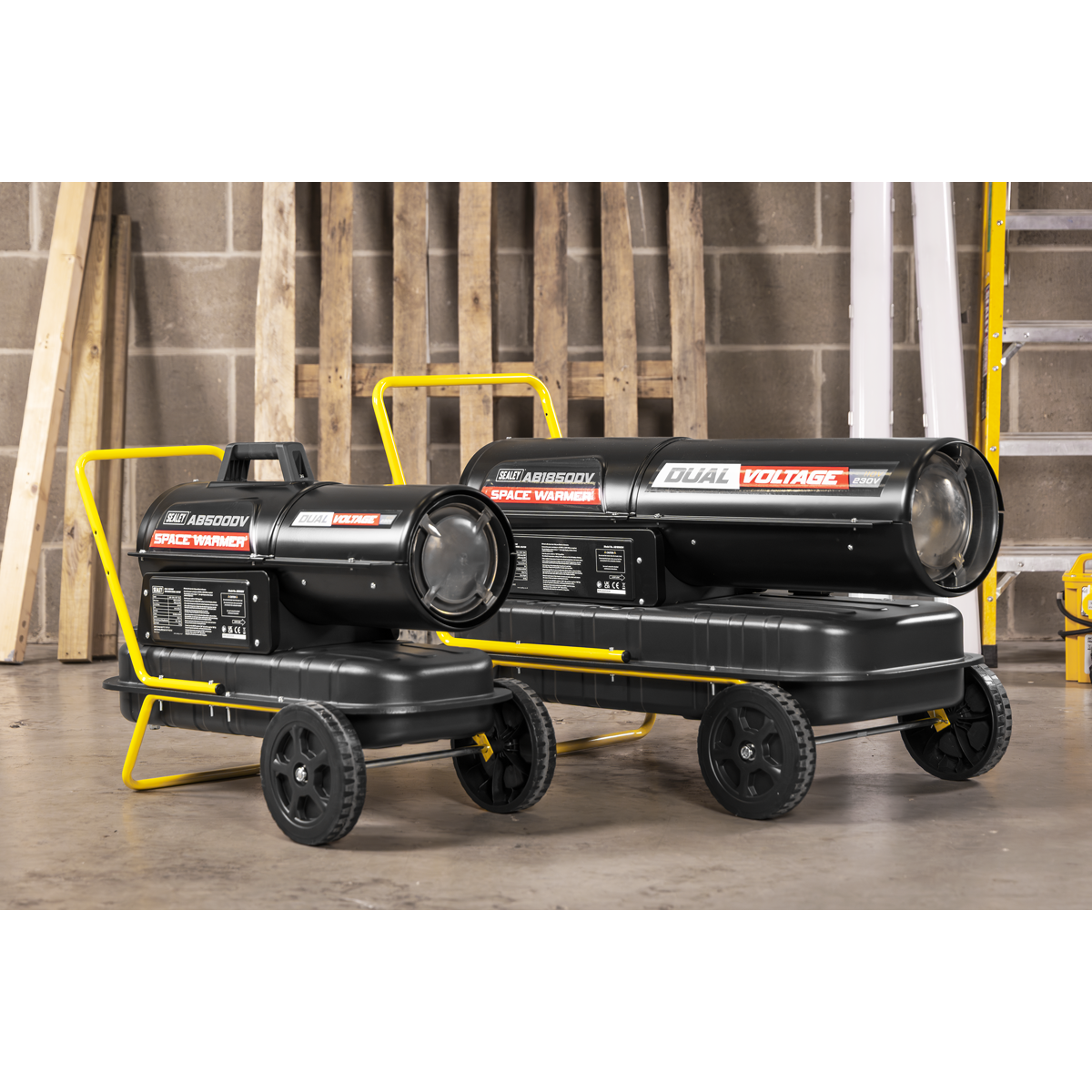 Sealey AB500DV Dual Voltage Kerosene/Diesel Space Warmer® Heater with Wheels 50,000Btu/hr