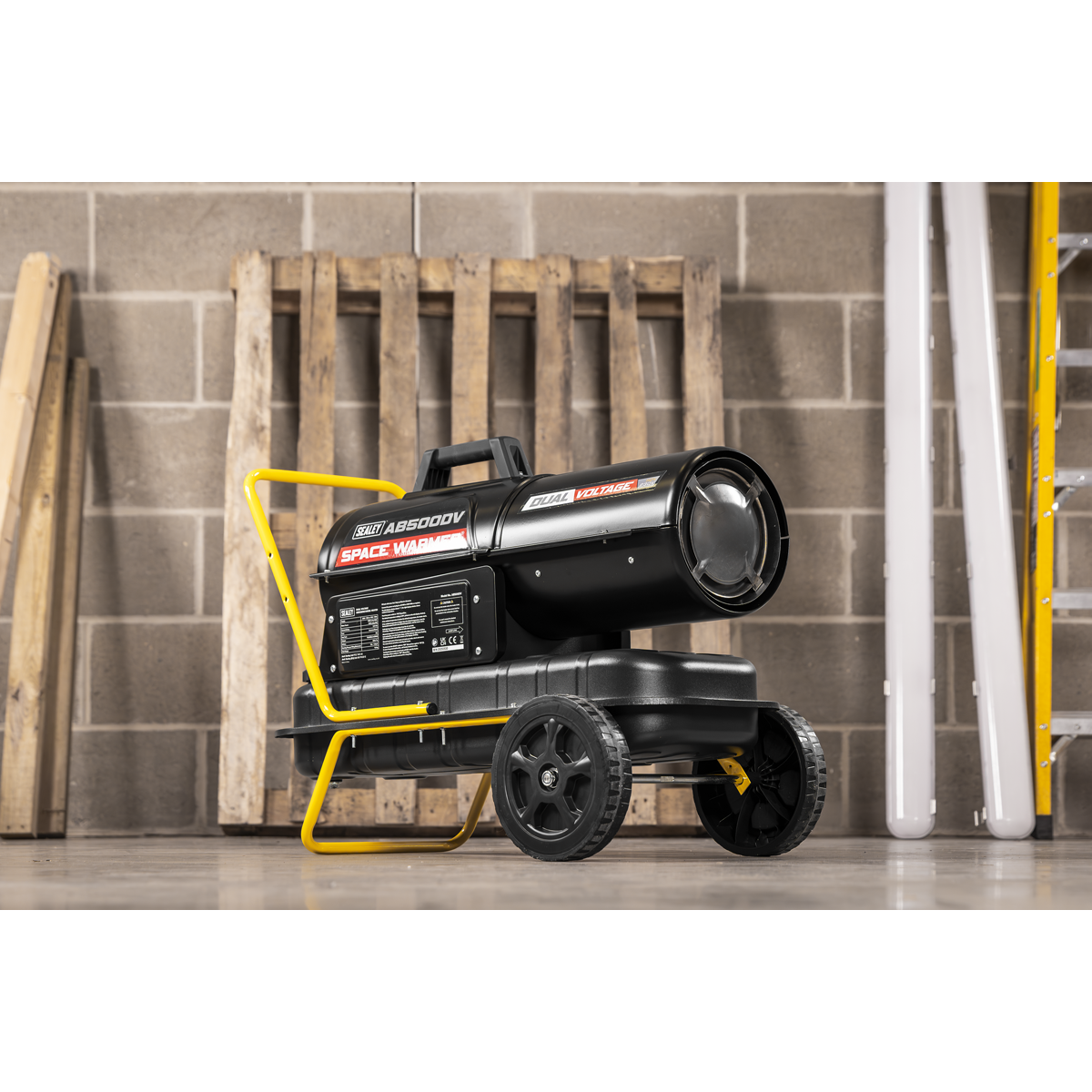 Sealey AB500DV Dual Voltage Kerosene/Diesel Space Warmer® Heater with Wheels 50,000Btu/hr