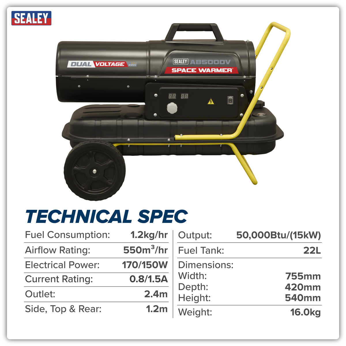 Sealey AB500DV Dual Voltage Kerosene/Diesel Space Warmer® Heater with Wheels 50,000Btu/hr