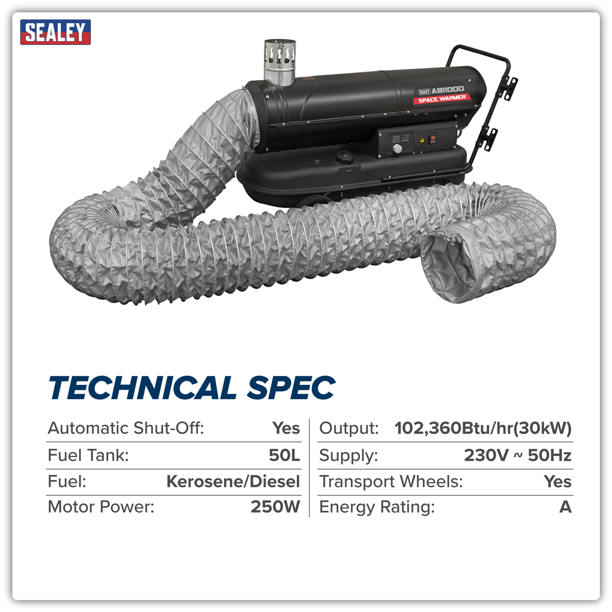 Sealey ABI1000COMBO Space Warmer® Indirect Kerosene/Diesel Heater 102,000Btu/hr with 5M Ducting