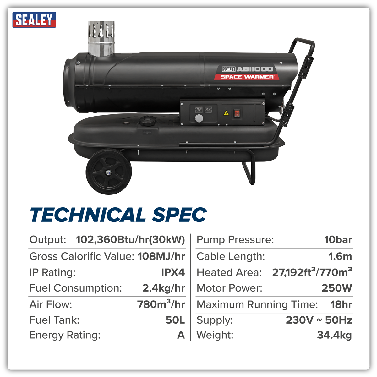 Sealey ABI1000 Space Warmer® Indirect Kerosene/Diesel Heater with Wheels 102,000Btu/hr