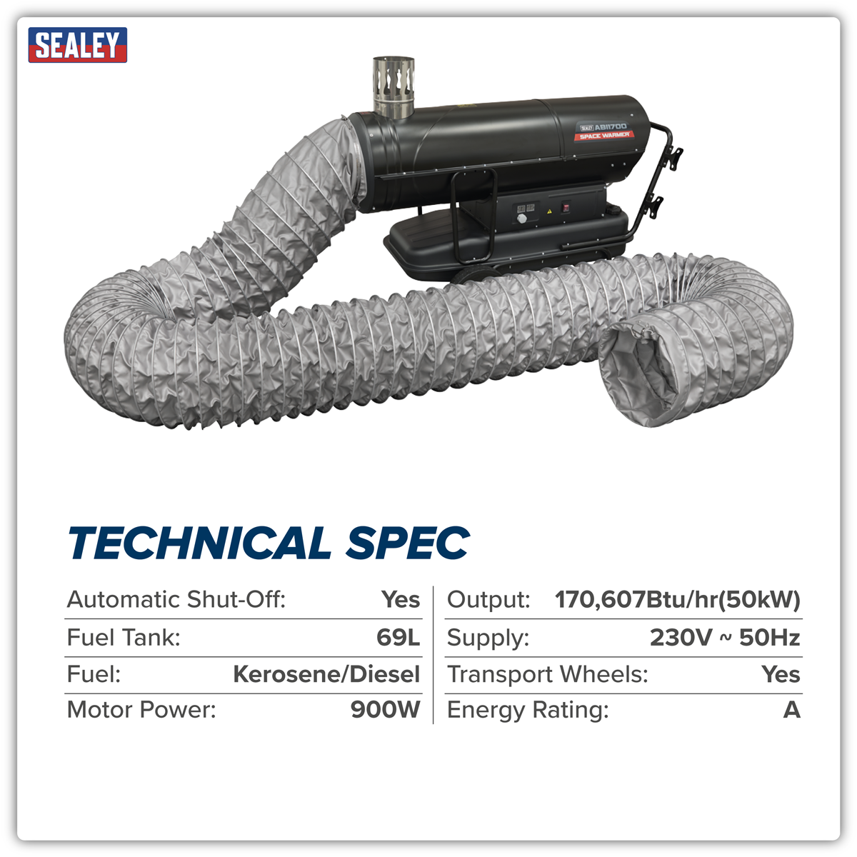 Sealey ABI1700COMBO Space Warmer® Indirect Kerosene/Diesel Heater 170,000Btu/hr with 5M Ducting