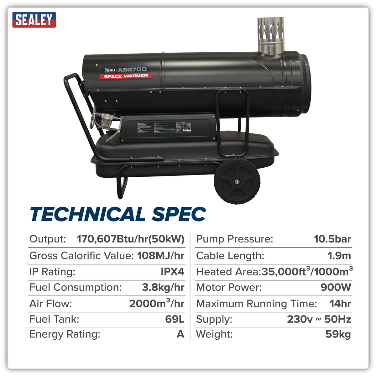 Sealey ABI1700 Space Warmer® Indirect Kerosene/Diesel Heater with Wheels 170,000Btu/hr