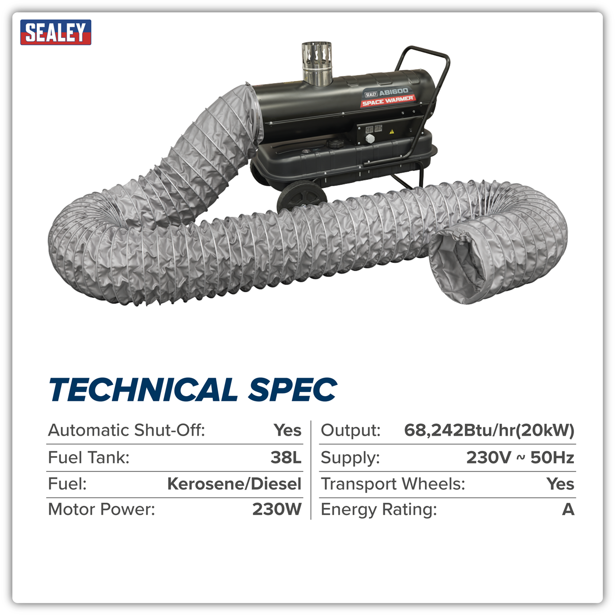 Sealey ABI600COMBO Space Warmer® Indirect Kerosene/Diesel Heater 68,000Btu/hr with 5M Ducting