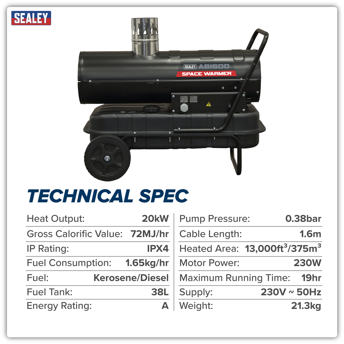 Sealey ABI600 Space Warmer® Indirect Kerosene/Diesel Heater with Wheels 68,000Btu/hr