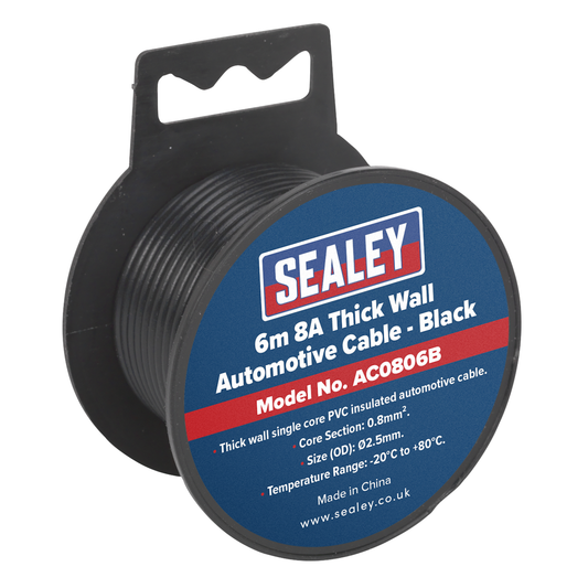 Sealey AC0806B 8A Thick Wall Automotive Cable 6m - Black