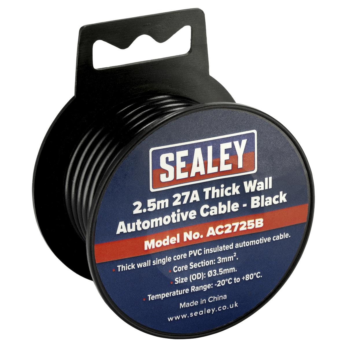 Sealey AC2725B 27A Thick Wall Automotive Cable 2.5m - Black