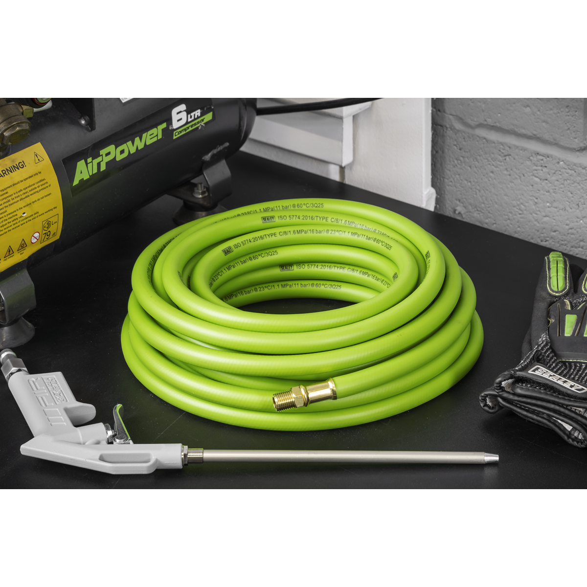 Sealey AHH10 High-Visibility Hybrid Air Hose with 1/4"BSP Unions 10m x 8mm