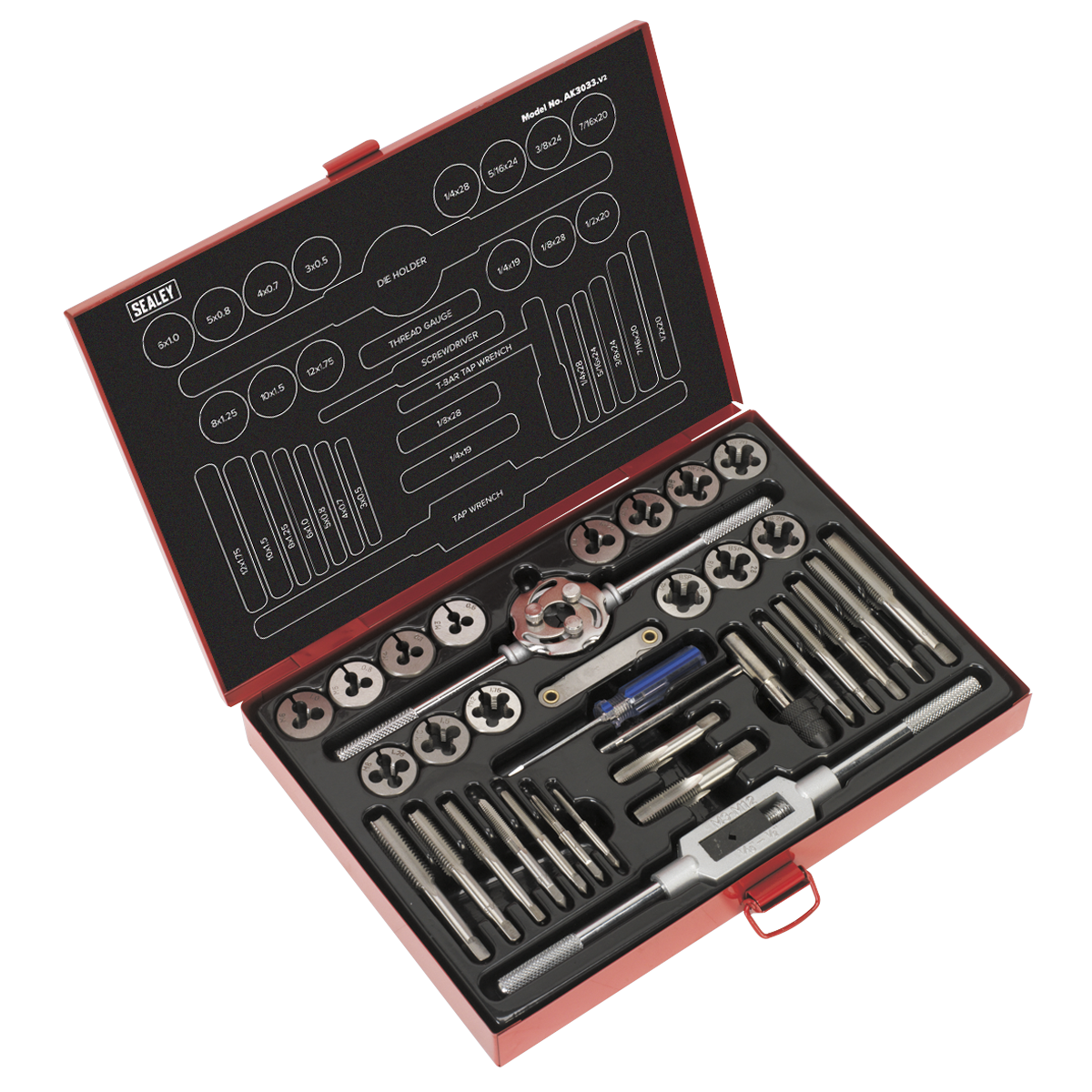Sealey AK3033 Metric/UNF/BSP Tap & Die Set Split Dies 33pc