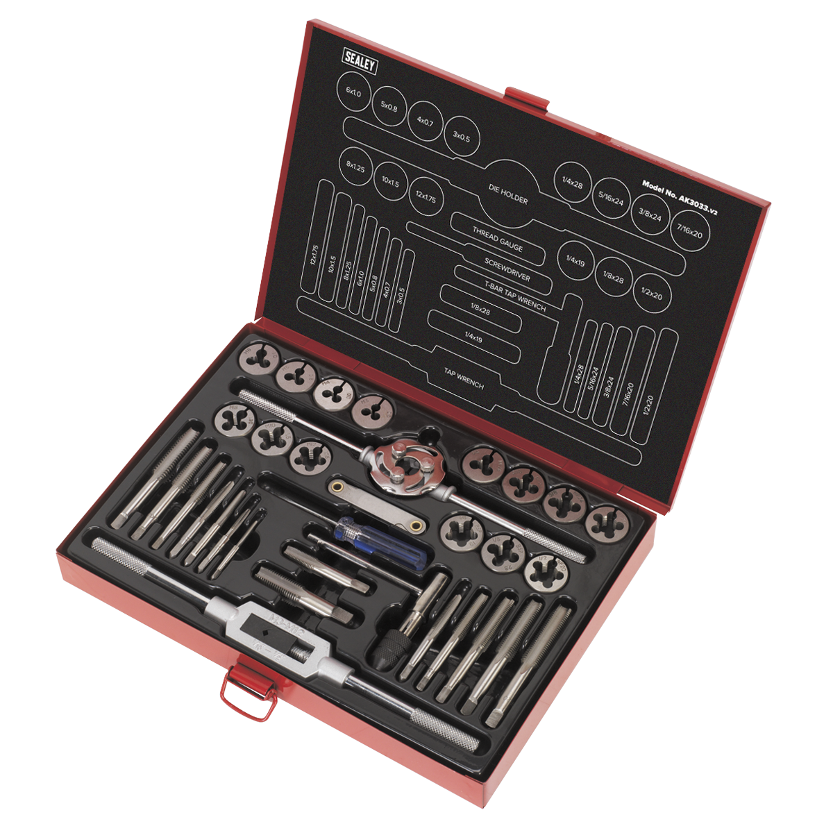 Sealey AK3033 Metric/UNF/BSP Tap & Die Set Split Dies 33pc