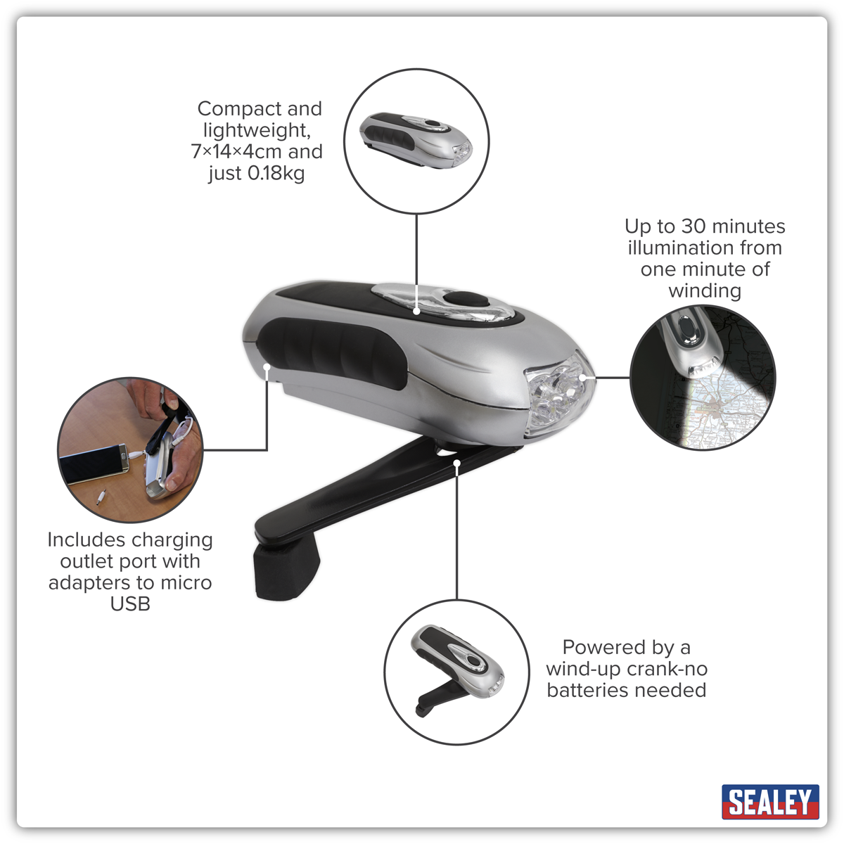 Sealey AK3305 Rechargeable Wind-Up Torch 3 LED