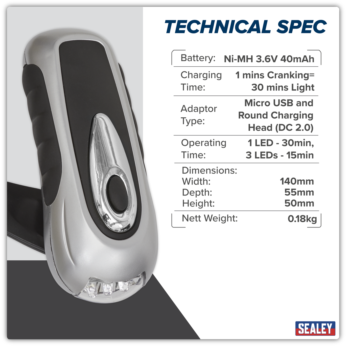 Sealey AK3305 Rechargeable Wind-Up Torch 3 LED