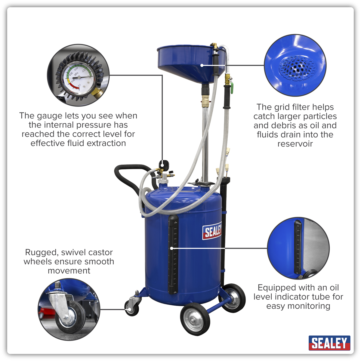 Sealey AK459DX Air Discharge Mobile Oil Drainer with Probes 90L