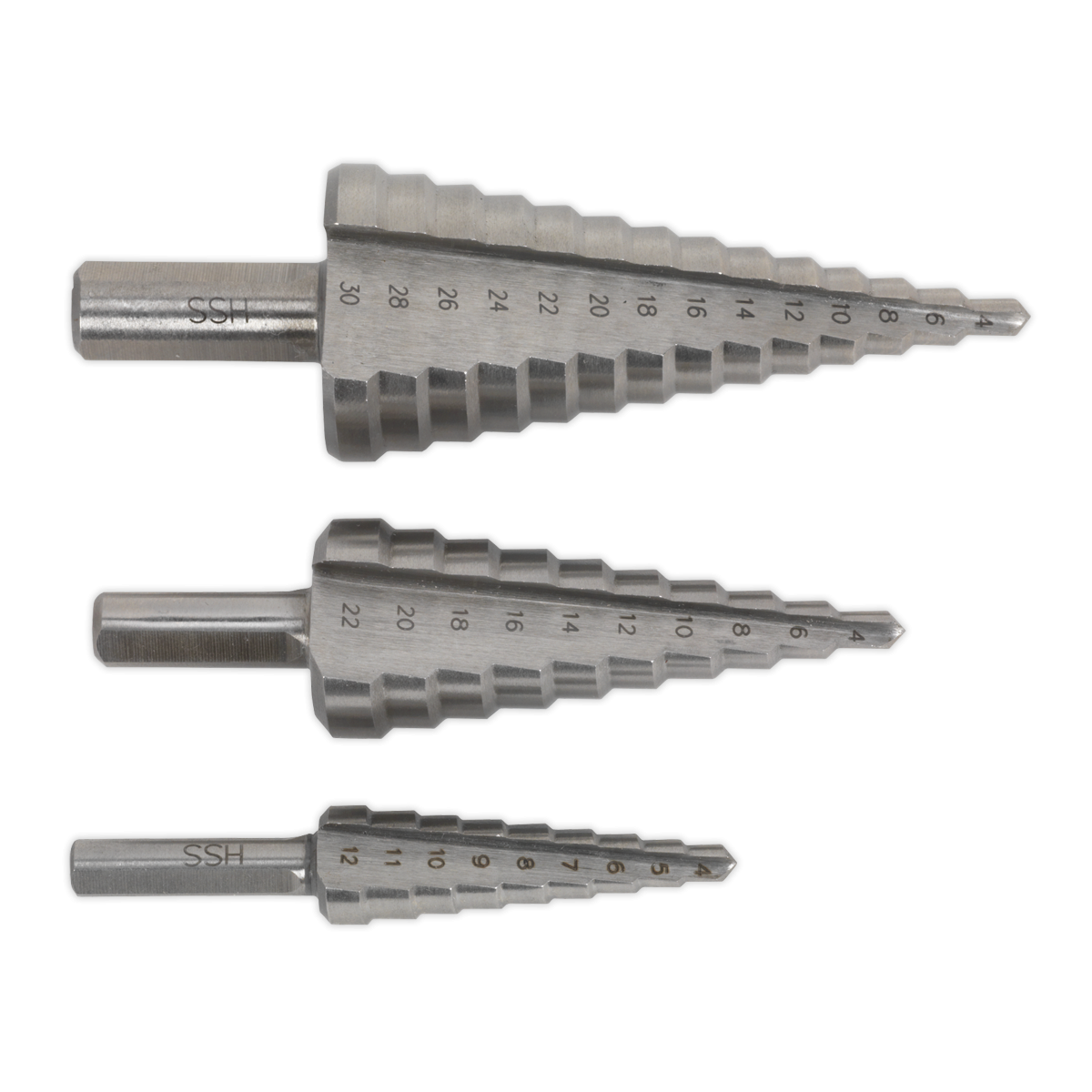Sealey AK4733 Double Flute HSS M2 Step Drill Bit Set 3pc