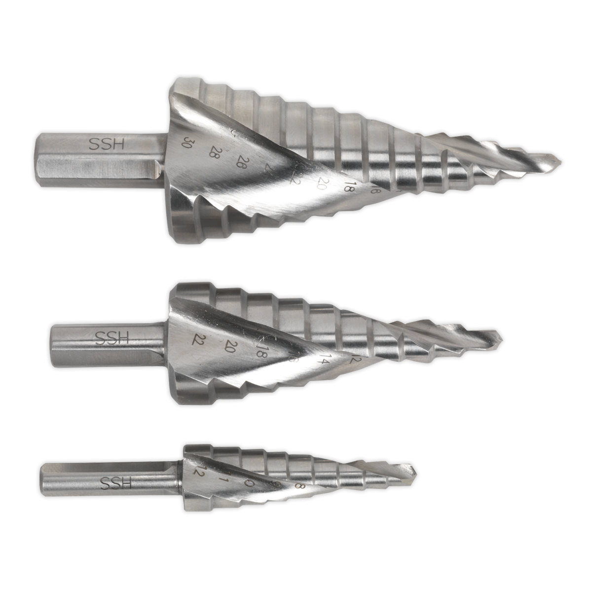 Sealey AK4743 Spiral Flute HSS M2 Step Drill Bit Set 3pc