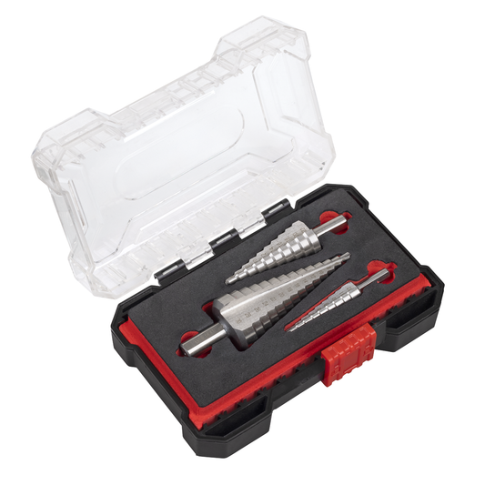 Sealey AK4746 Straight Flute HSS 4341 Step Drill Bit Set 3pc