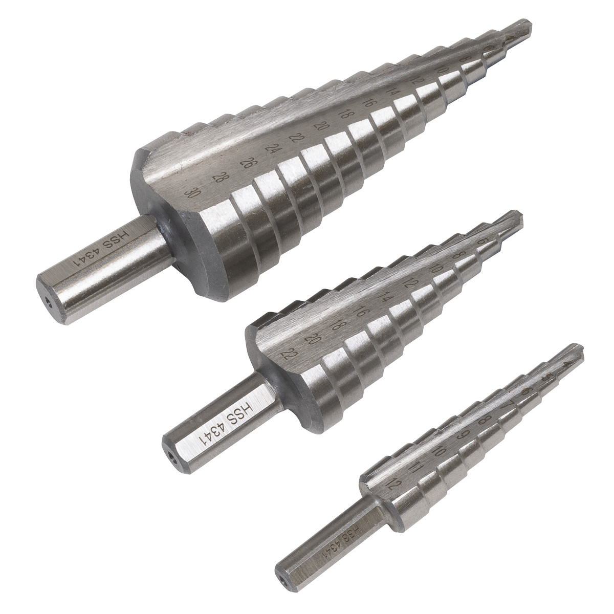 Sealey AK4746 Straight Flute HSS 4341 Step Drill Bit Set 3pc