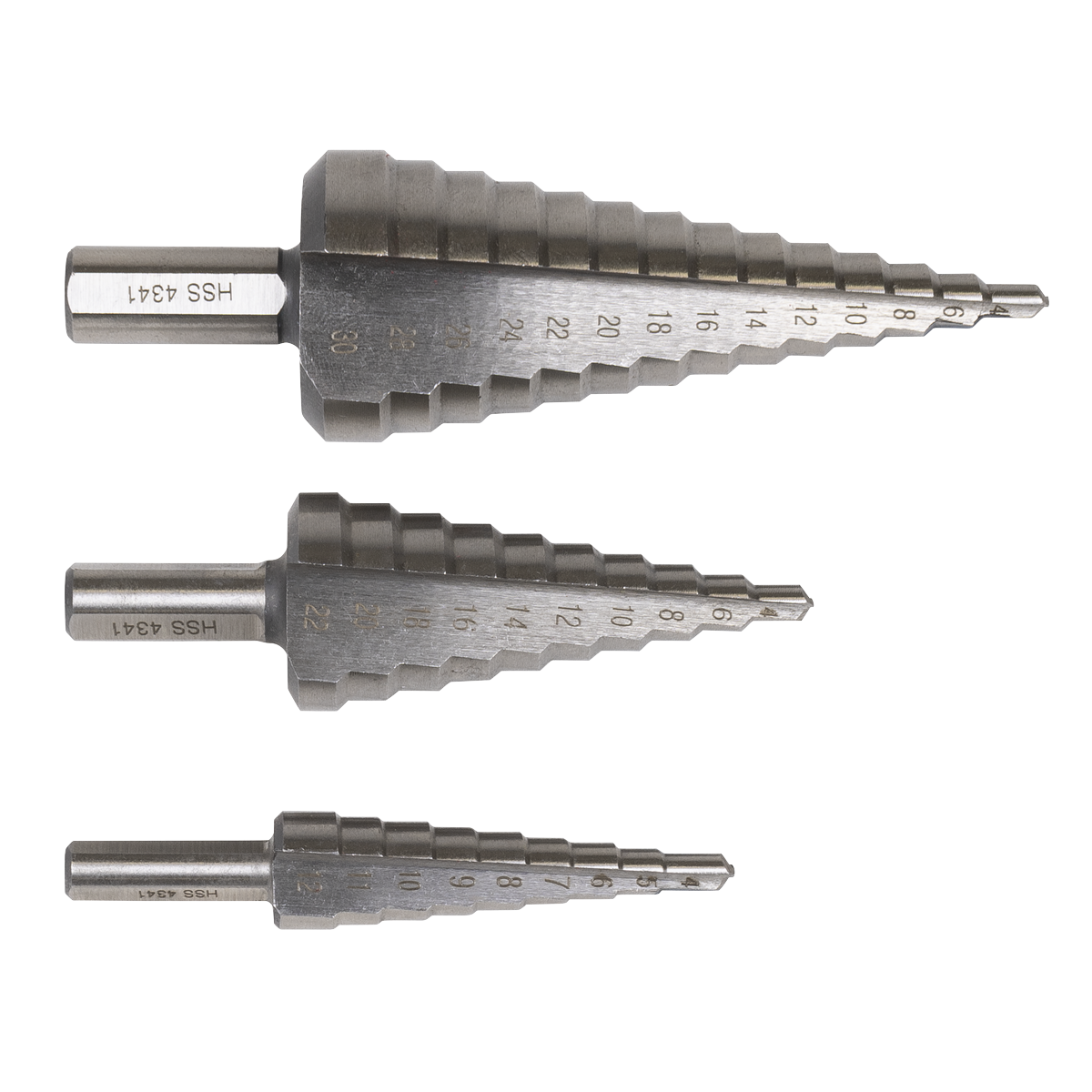 Sealey AK4746 Straight Flute HSS 4341 Step Drill Bit Set 3pc